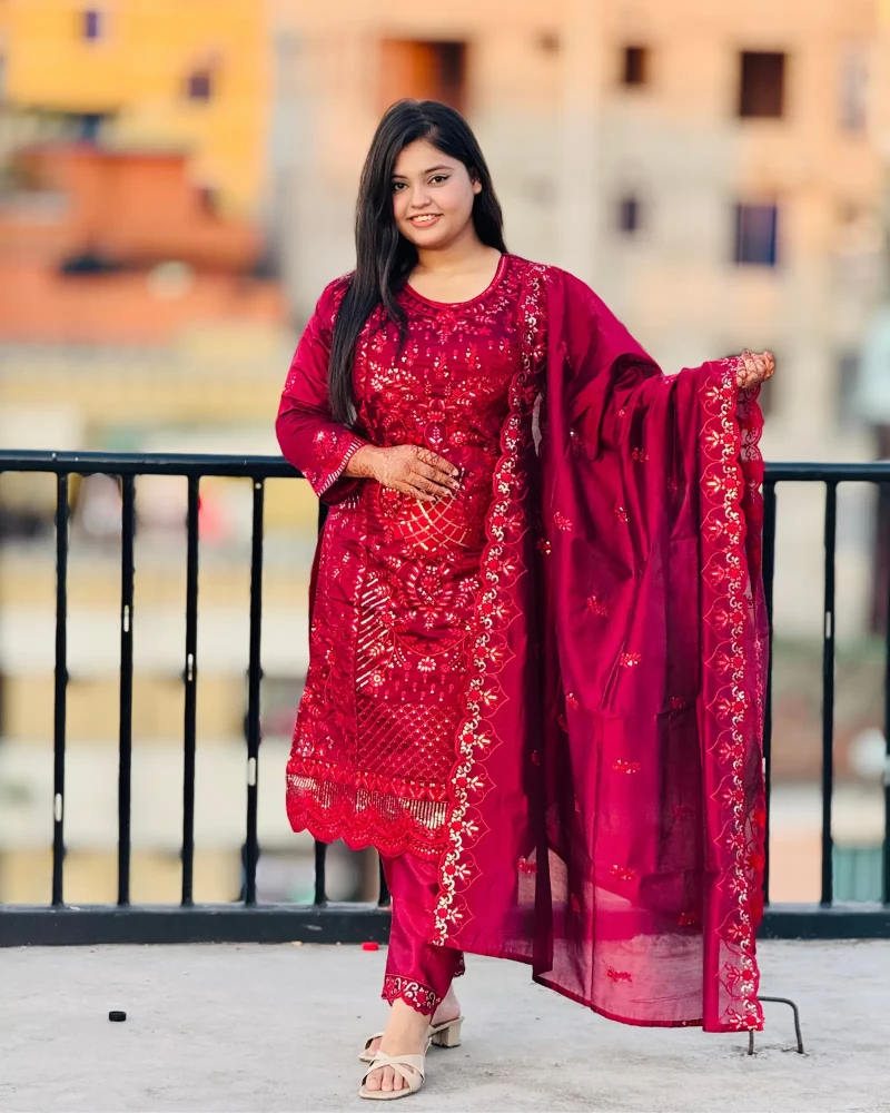 Georgette Embroidery Four Piece Red-M2010 - Main view showing full design